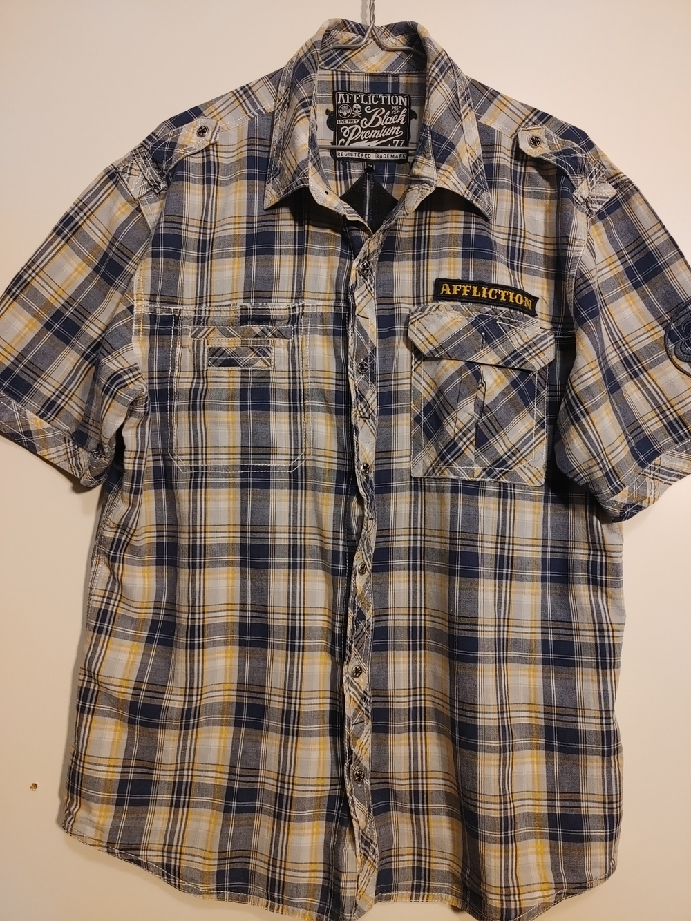 Affliction Plaid Short Sleeve Button-Down Shirt - Blue, Yellow & White